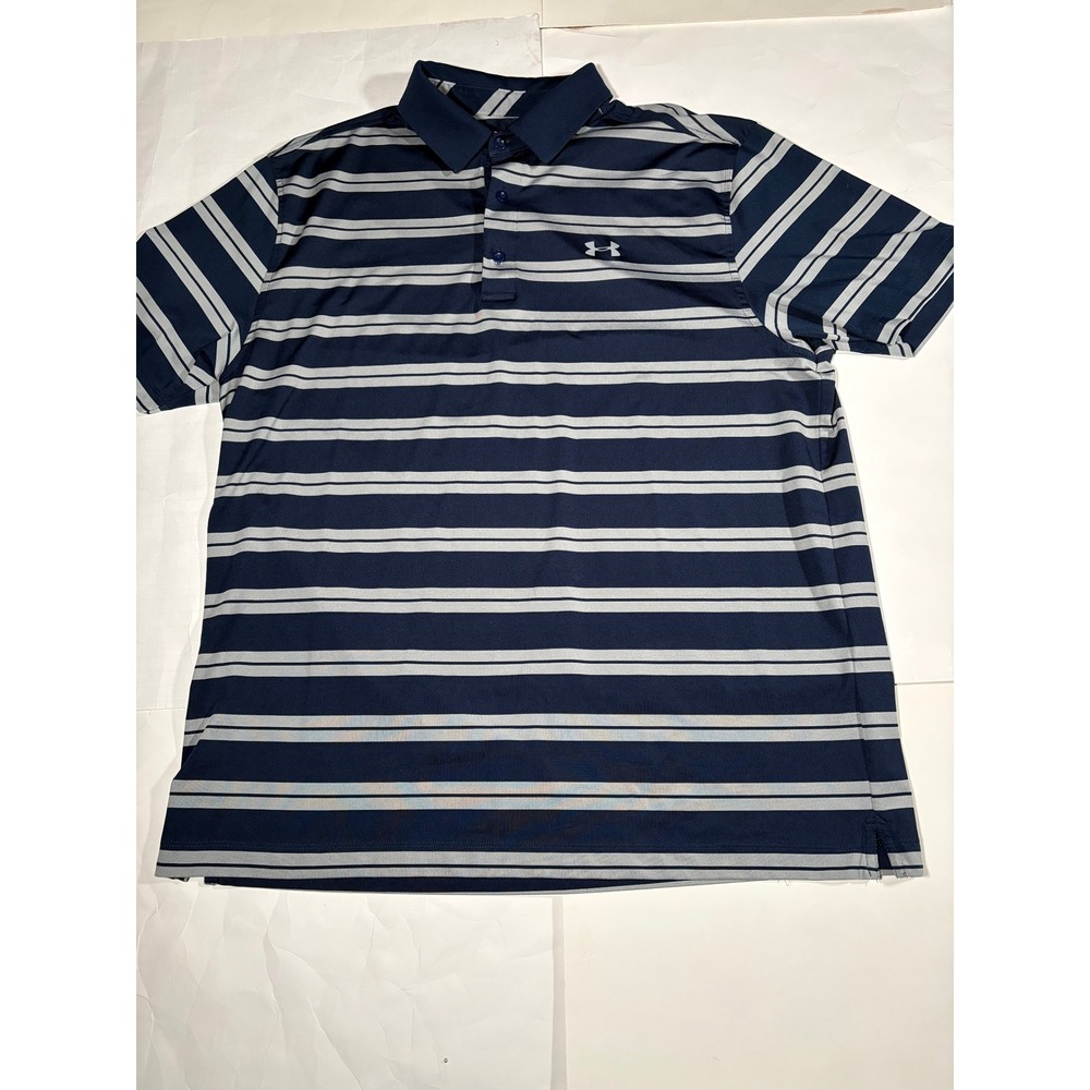 Under Armour HeatGear Men's XL Loose Fit Navy Gray Striped Golf Polo Shirt